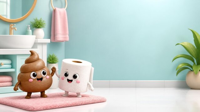 Cute Poop and Toilet Paper Characters in a Clean Bathroom