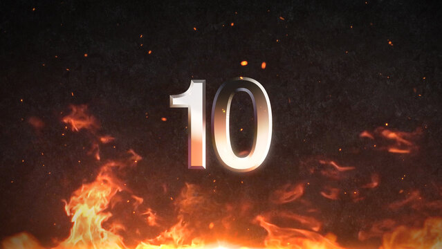 Countdown Cinematic Fire Flame with Burning Embers and Spark Particles on Dark Grunge Concrete Wall Movie Action Title Trailer Animation Background