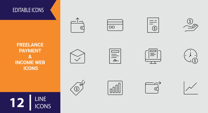 Clean freelance payment and income web icons outline icon set highlighting financial tracking and digital banking