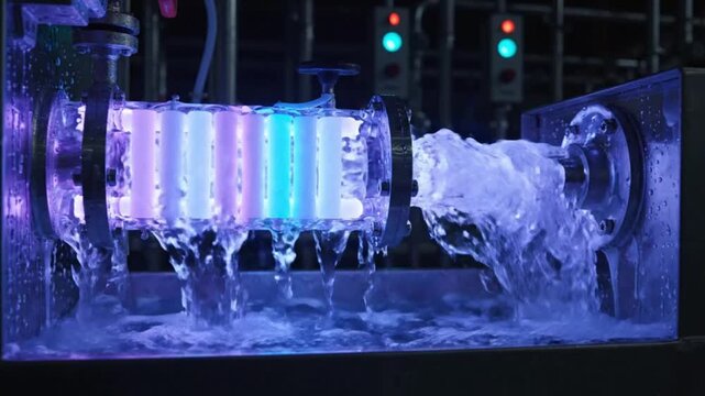 Water purification system illuminated with ultraviolet light, a modern wastewater treatment technology.