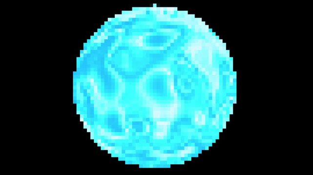 Blue pixel art planet. Retro space game style animation
