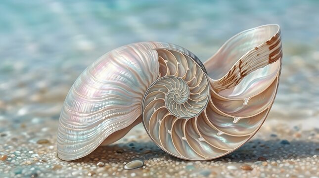 Exquisite cutaway nautilus shell on sandy beach shore, displaying intricate golden ratio spiral architecture with pearlescent inner chambers, high-resolution generative AI macro nature photography