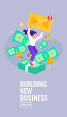 Fototapeta premium Happy female entrepreneur celebrating business profits with newsletter envelope and dollar bills, tailored for e-commerce success presentations, affiliate marketing masterclasses, and financial growth