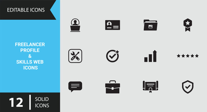 Detailed freelancer skills and professional profile icons solid icon set highlighting talent showcases and personal branding