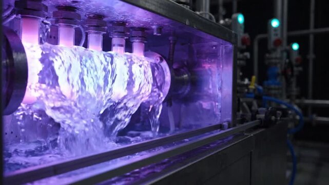 Industrial ultraviolet water purification system with flowing liquid through quartz tubes.