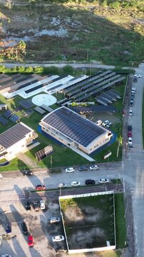 Solar Energy Technology Complex with Multiple Photovoltaic Systems and Solar Panel Arrays in Florian&oacute;polis, Brazil. Aerial View.