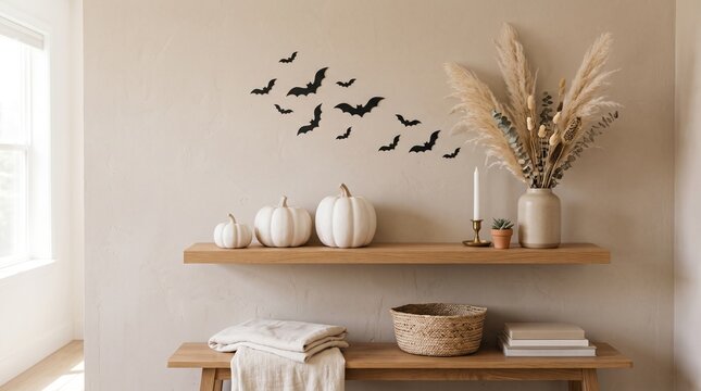 Minimalist Neutral Halloween Interior with White Pumpkins and Flying Bats