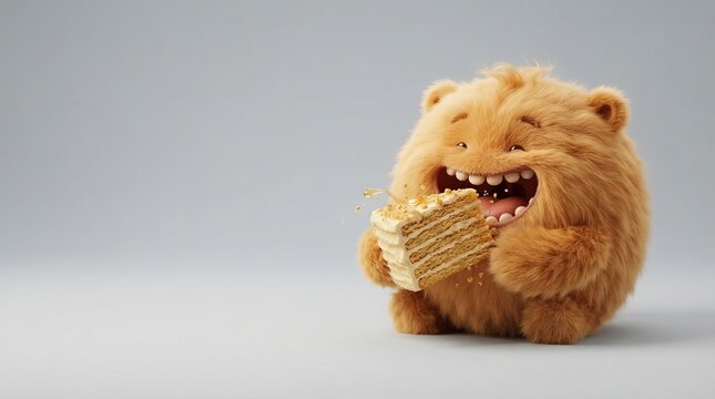 Cute fluffy cartoon monster happily eating big slice of honey cake. Funny furry character with open mouth enjoying sweet dessert