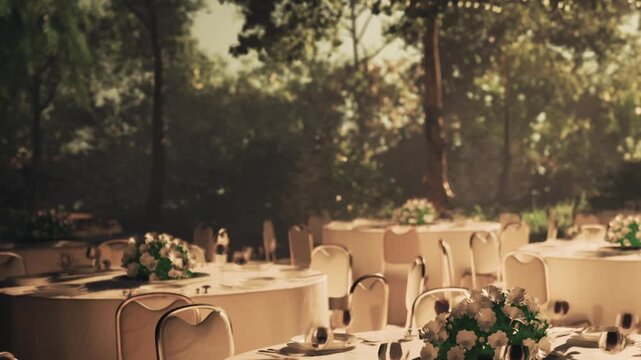 Tables are arranged for a dinner event in a garden. Each table has a white tablecloth and a centerpiece of flowers. The setting is surrounded by trees and greenery.