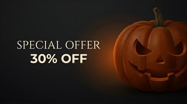 Large carved glowing pumpkin set against dark background promoting Halloween special discount sale offer banner.