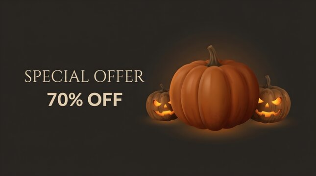 Three pumpkins including glowing carved pumpkins on dark background for seventy percent off Halloween offer.