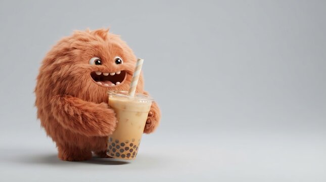 Cute fluffy monster holding bubble tea cup with straw. Funny furry cartoon character enjoying sweet drink. Happy fun mascot for cafe menu, beverage advertising and summer drink concept with copy