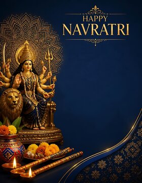 Happy navratri festive background with goddess statue and oil lamps on blue