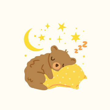 Flat vector illustration, hand drawn cute brown bear sleeping peacefully on a yellow polka dot pillow, surrounded by a crescent moon, stars and sleepy symbols, isolated on a light background.