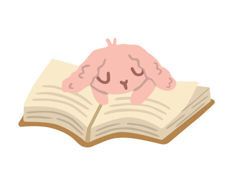 Cute sleeping rabbit dreaming on an open book. Bunny character and cozy bedtime story mode, isolated on white background. Flat vector illustration, hand drawn.