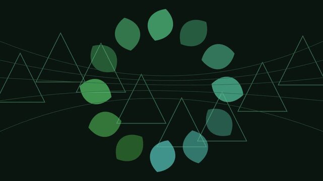 Abstract green leaf circles rotating on dark geometric background