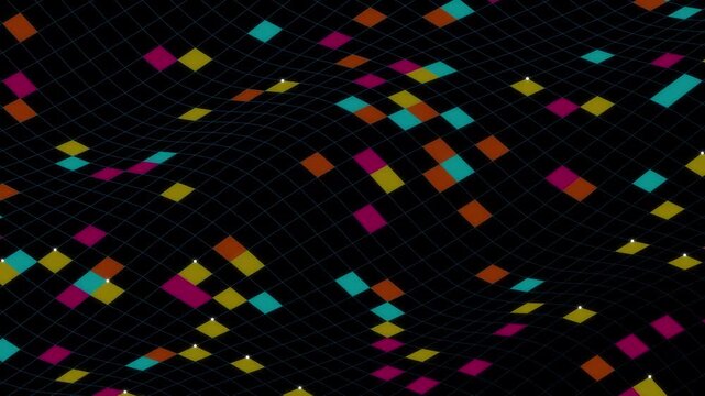 Abstract digital grid surface with moving multicolored diamond shapes creating dynamic wavy motion on dark background for futuristic motion graphics animation clip.