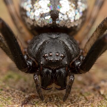 Extreme close up of a mirror spider prosoma revealing eight eyes and chelicerae
