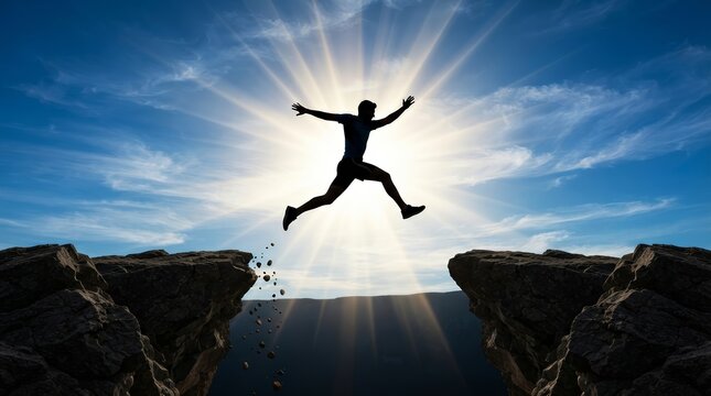 Successful man jumping over a gap between cliffs with bright sun rays in the background.