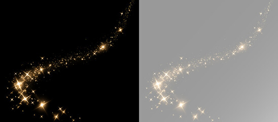 Bright glittering star path with golden light and sparkling particles flowing along a graceful curve © Alehandro