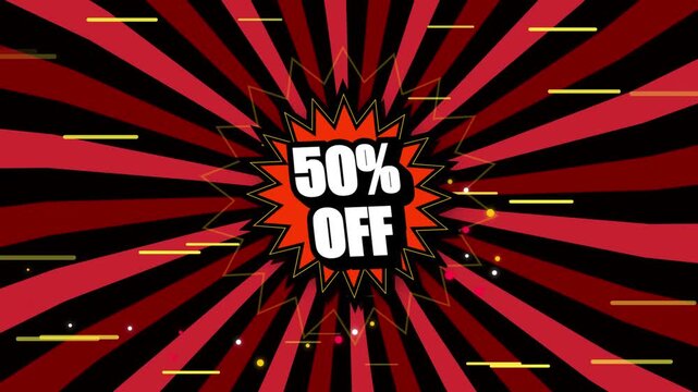 Animated fifty percent discount badge on rotating black red sunburst pattern dynamic motion graphic element for retail sale advertisement and promotional event.