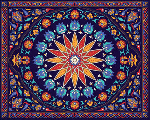 Obraz premium Colorful Ornate Mosaic Tile Pattern Inspired by Alhambra and Park Guell Architecture, Oriental Floral Ornament, Persian and Arabic Decorative Design, Ancient Cultural Wall Texture