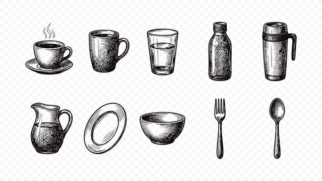 Morning cafe culture and breakfast food hand drawn icons set featuring coffee mugs teapot and croissants for restaurant menu and catering business branding graphics