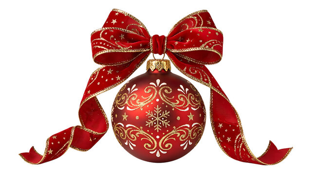 A beautiful red christmas bauble ornament with a festive velvet bow featuring gold glitter details isolated on transparent background