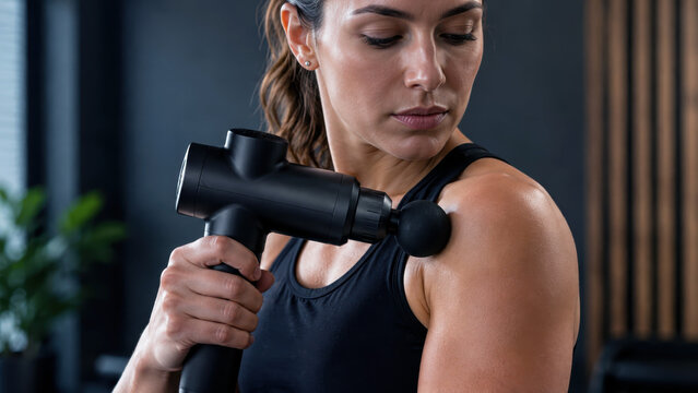 Woman treating her shoulder with a handheld massage gun, fitness recovery, percussion therapy for sore muscles after exercise