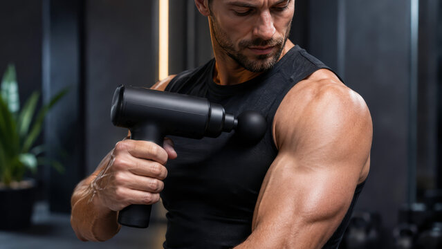 Athletic man applying a massage gun to his shoulder, muscle recovery, percussion therapy after strength training or fitness exercise