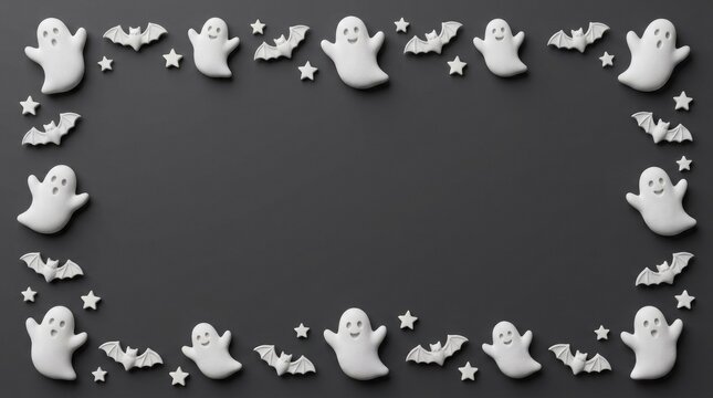Spooky halloween ghost border with stars on a dark background