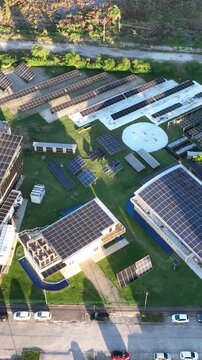 Solar Energy Technology Complex with Multiple Photovoltaic Systems and Solar Panel Arrays in Florian&oacute;polis, Brazil. Aerial View.