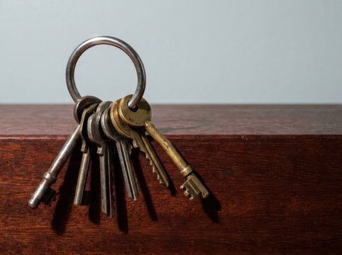 Vintage keys on a wooden surface with rustic patina and copy space