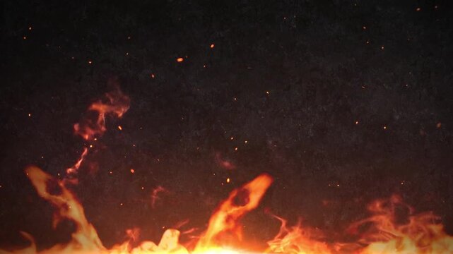 Cinematic Fire Flame with Burning Embers and Spark Particles on Dark Grunge Concrete Wall Movie Action Title Trailer Animation Background