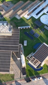 Solar Energy Technology Complex with Multiple Photovoltaic Systems and Solar Panel Arrays in Florian&oacute;polis, Brazil. Aerial View.