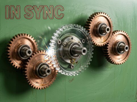 Interlocking gears on a machine shaft in sync with industrial precision