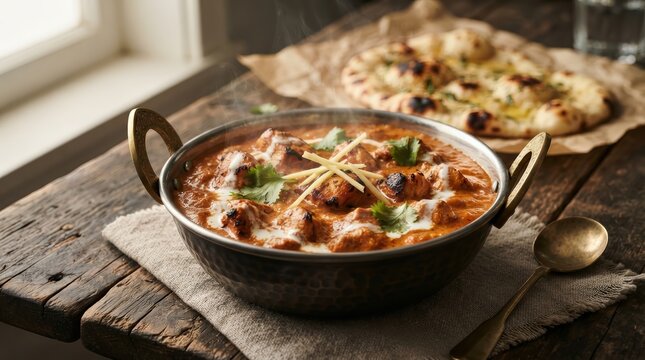 A meal of chicken curry in a traditional metal bowl and fresh naan bread.