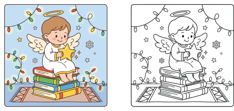 Cute Christmas angel sitting on stack of books holding star with coloring page outline for kids, festive vector illustration