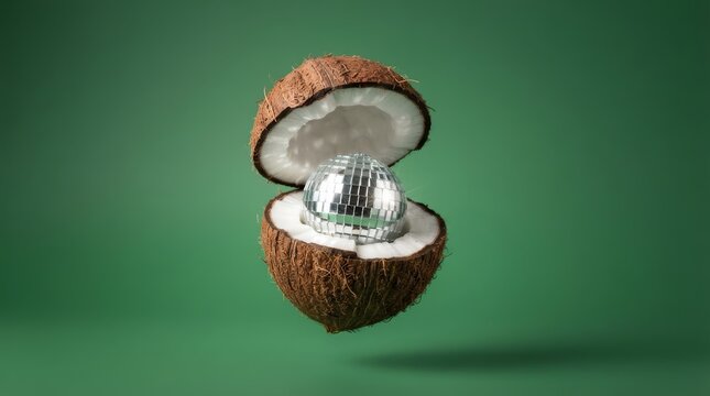 Shiny disco ball floating inside the halves of a tropical coconut against a solid green environment.