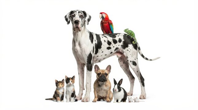A colorful assortment of pets including a Great Dane, French Bulldog, cats, parrot, rabbit, and reptile isolated on white.