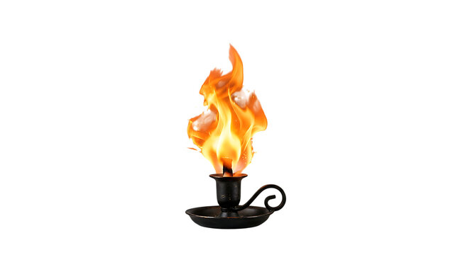 A vintage style black metal candle holder with a bright burning flame featured as an isolated object on transparent background isolated on transparent background
