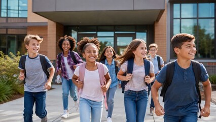Obraz premium Happy Students Walking Together Outside School