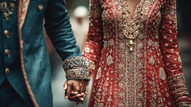 Indian Wedding Couple Holding Hands in Luxury Red Lehenga and Sherwani for Romance Concept