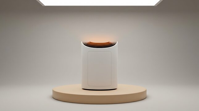 modern white air purifier on minimalist podium with warm glow