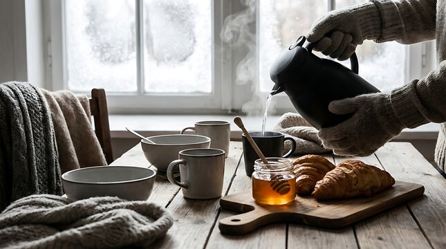 pouring hot water from thermos into mug on winter morning table