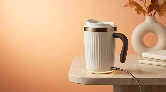 Smart Heated Coffee Mug on Cozy Autumn Desk Setup with Decor