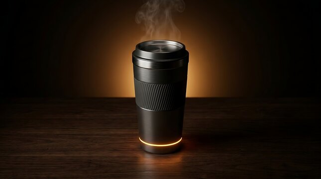 Steaming Travel Mug on Wooden Table with Cozy Warm Lighting
