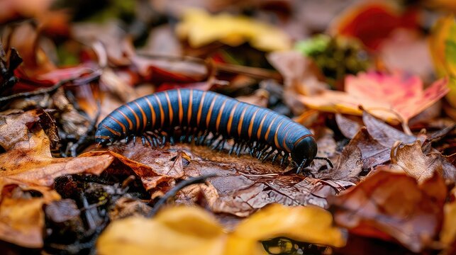 Colorful Millipede Crawling on Autumn Leaves in a Natural Setting