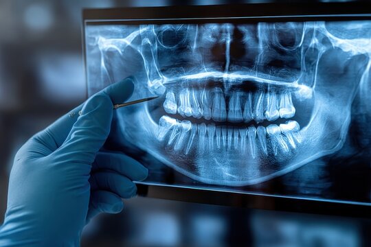 Gloved hand points at a panoramic dental X-ray. Use to illustrate dentistry, oral health, or medical diagnosis.