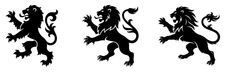 Rampant lion heraldic silhouette set   traditional medieval coat of arms   black flat graphic vector elements © Stocklume